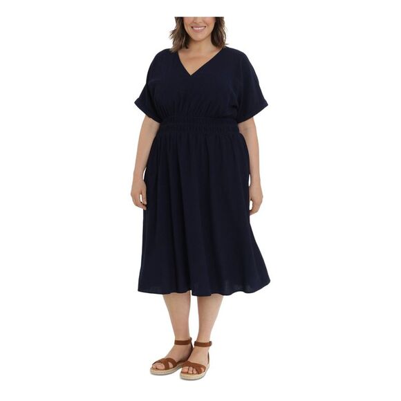 LONDON TIMES Womens Navy Elastic Waist Cuffed Sleeve Fit + Flare Dress Plus S - Picture 1 of 2